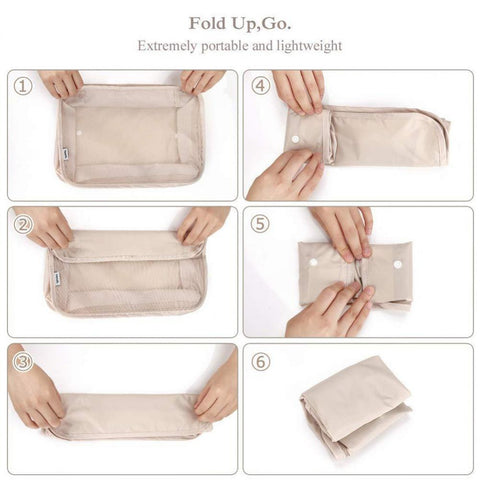 Beige 8-piece packing cube set showing step-by-step folding process for compact storage