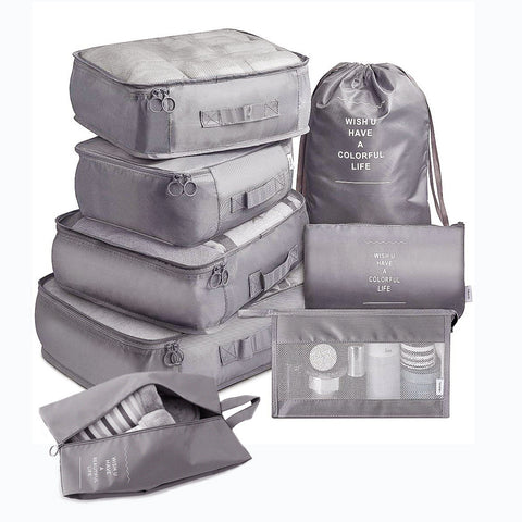 CJ 8-piece packing cube set in gray for organized travel and efficient luggage packing