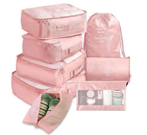 CJ 8-piece packing cube set in pink for organized travel and efficient packing