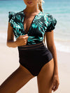 Bikinx Tropical Print Ruffle Trim Ruched One Piece Swimsuit