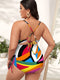 Plus Size Women-Printed Push-up Hollow One-Piece Swimsuit