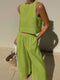 New casual loose solid color sleeveless shirt trousers two-piece set