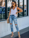 Ripped skinny denim cropped straight leg washed casual pants