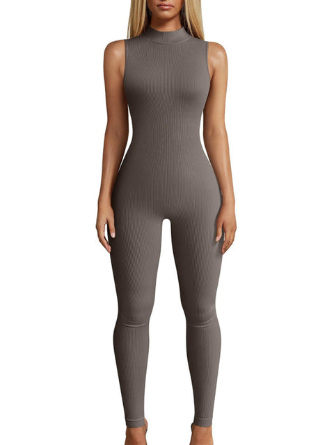 Women's Yoga Jumpsuit Slim Fit Ribbed Sleeveless Turtleneck Top Sports Jumpsuit