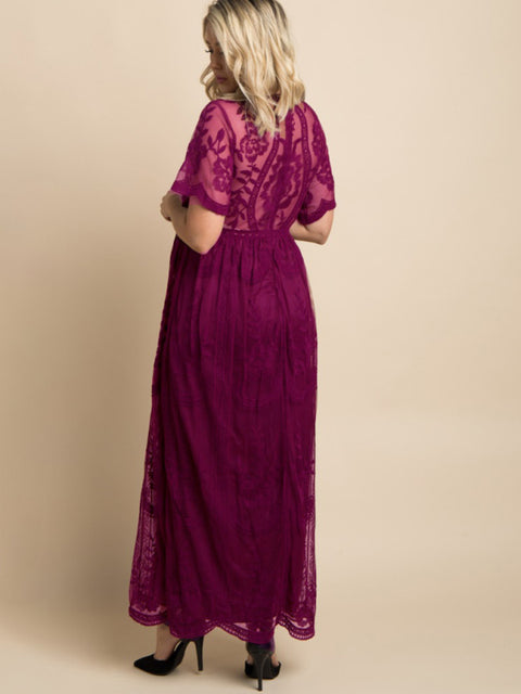 Maternity clothes-Woven short-sleeved V-neck lace long dress